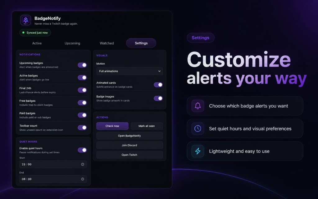 BadgeNotify extension settings for notifications, quiet hours and visual preferences