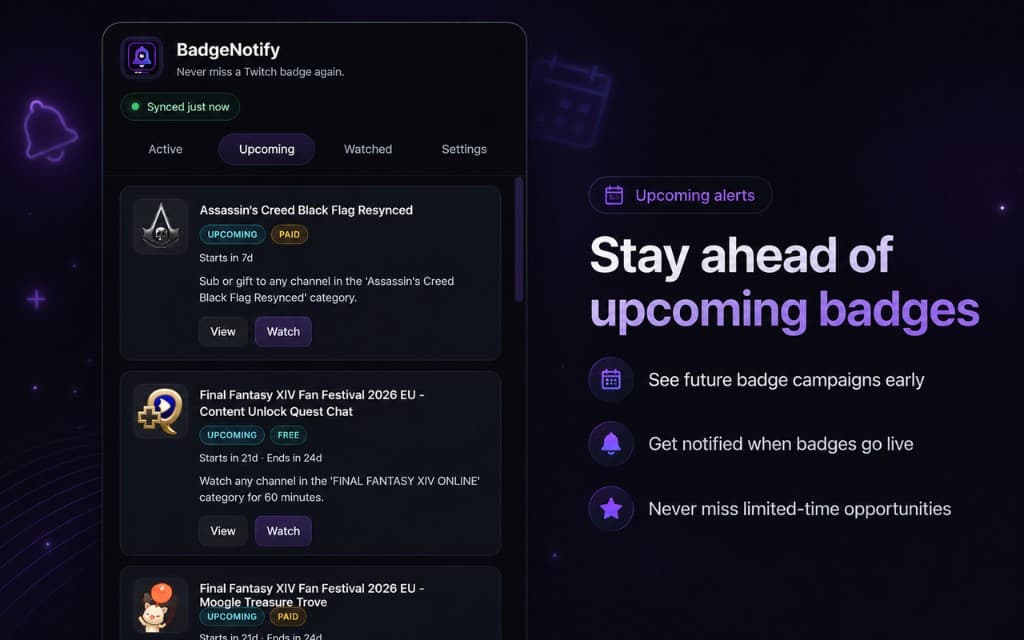 BadgeNotify extension showing upcoming Twitch badge campaigns with paid and free alerts