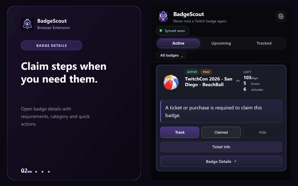 BadgeScout badge detail view with claim instructions, category, and Twitch chat request buttons