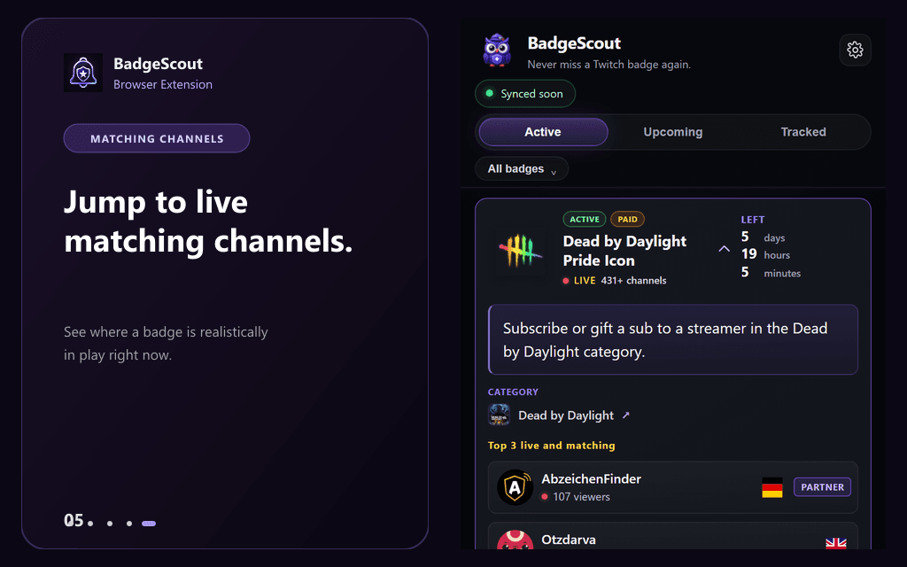 BadgeScout matching live channels view showing streams where a badge is currently in play