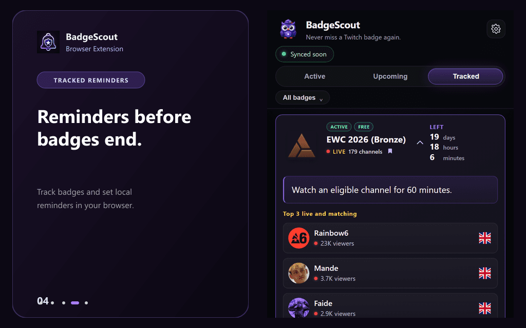BadgeScout Tracked tab with reminder presets and custom alert timing before a badge ends