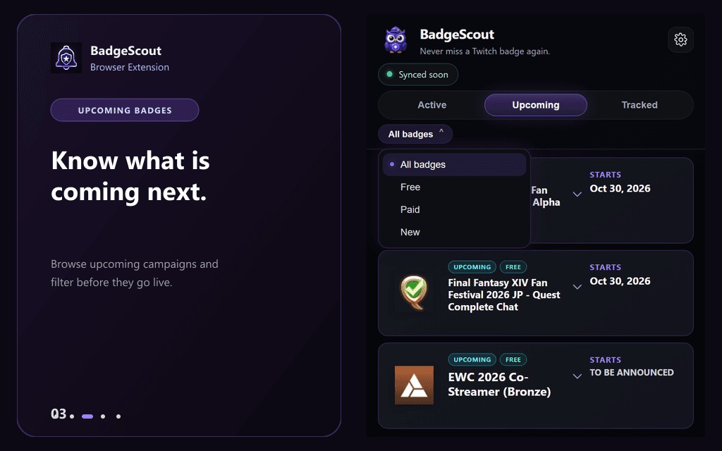 BadgeScout Upcoming tab listing future Twitch badge campaigns with start countdowns